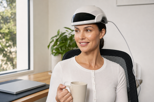Frau mit weißem Haarwuchs-Helm am Schreibtisch, Tasse in der Hand