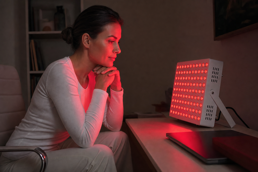 Frau sitzt dicht vor einem roten Lichttherapie-Panel auf dem Schreibtisch